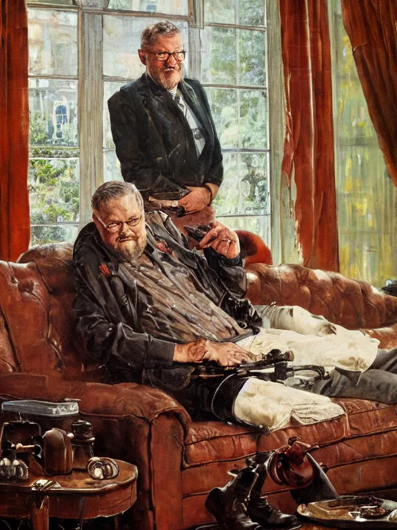 Image similar to portrait of orson scott card sitting on a sofa, in a style blend of norman rockwell and frederick remington and mort kunstler, oil painting, volumetric lighting, intricate details