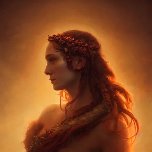 Image similar to majestic gracious regal goddess persephone portrait, ancient greece, elysium, atmospheric lighting, painted, intricate, volumetric lighting, beautiful, rich deep colours masterpiece, golden hour, sharp focus, ultra detailed, by leesha hannigan, ross tran, thierry doizon, kai carpenter, ignacio fernandez rios