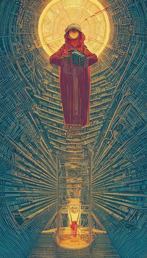 Image similar to the ancient oracle of bibliophiles, futurism, dan mumford, victo ngai, kilian eng, da vinci, josan gonzalez