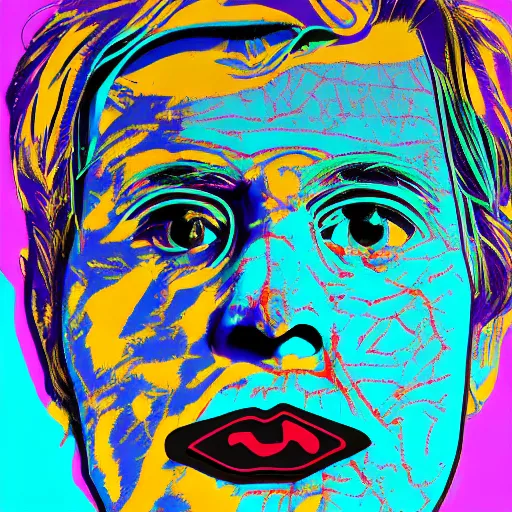 Prompt: portrait of abstract visual artificial intelligence face chromatic suit by Andy warhol and David Hockney and Petros Afshar, highly detailed