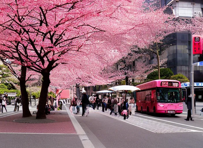 Image similar to a bus stop in kyoto where cherry blossoms bloom a warm pink color pixel art.