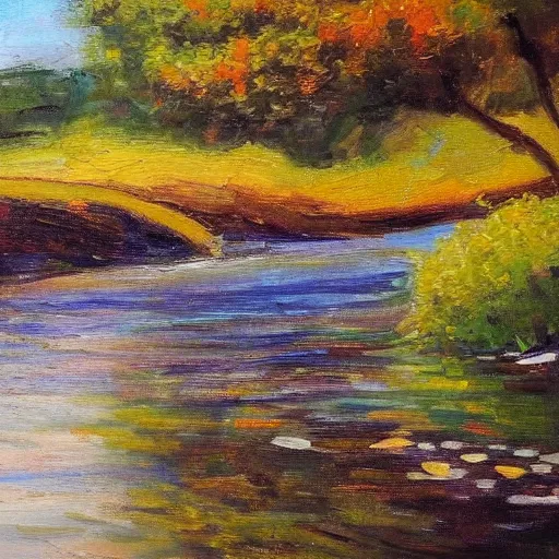 Image similar to a beautifully detailed impressionist painting of a winding river, oils on canvas