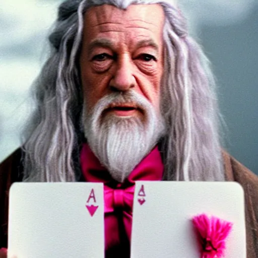 Prompt: portrait of gandalf, pink bowtie in his long white hair, holding a blank playing card up to the camera, movie still from the lord of the rings