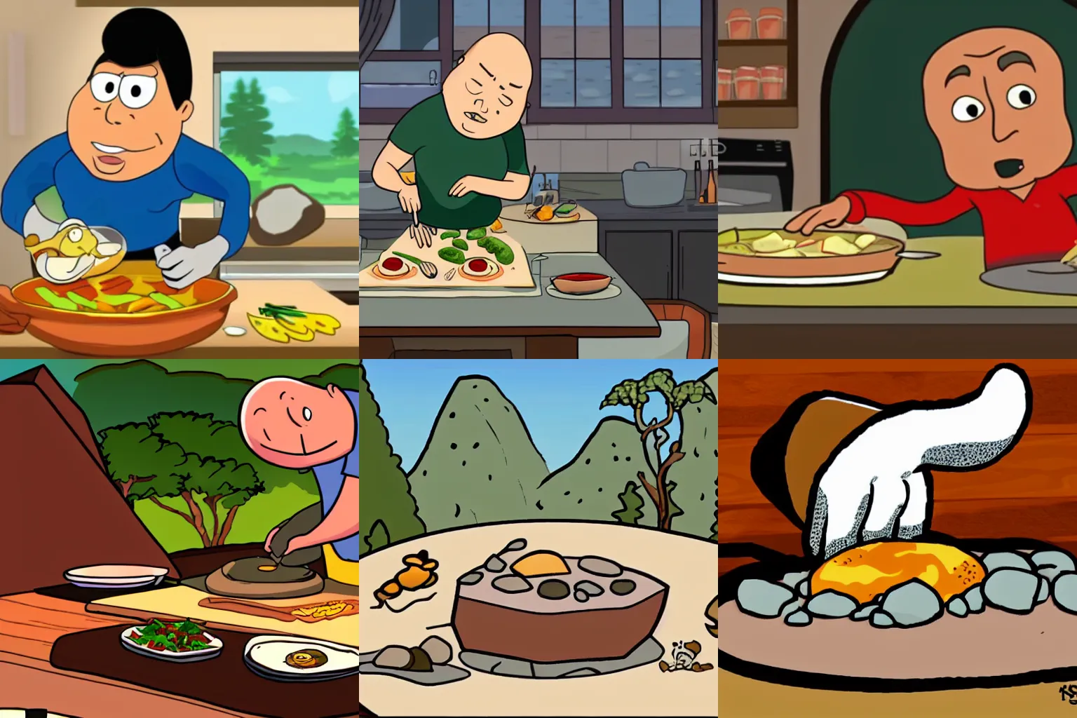 Prompt: an animated rock preparing dinner for his pebble family.