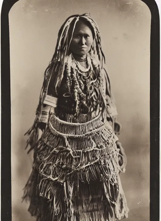 Image similar to Antique portrait of a Navajo woman dressed in traditional attire, posing in front of baskets she weaved, albumen silver print, Smithsonian American Art Museum