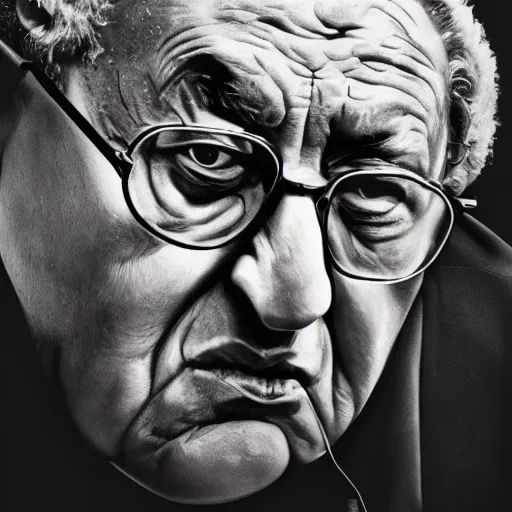 Image similar to a horror portrait of henry kissinger, hyper realistic, octane render, masterpiece portrait painting. dark, moody, ( black oil drips from his mouth and eyes ), abstract brush strokes, inner glow.