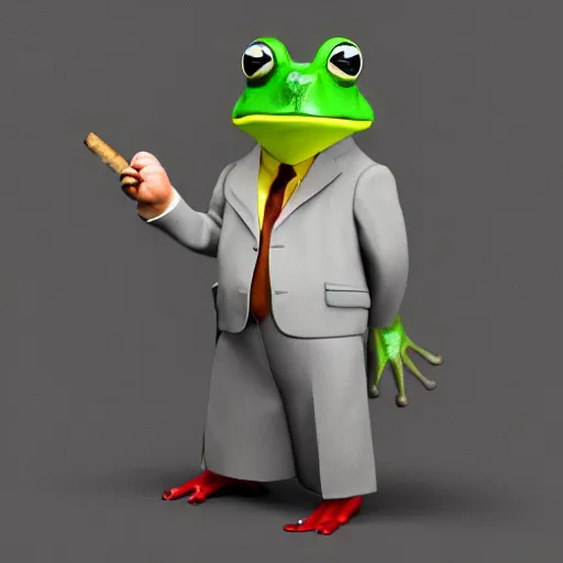 Image similar to a high quality photo of an antropomorphic frog wearing a suit smoking a cigar cigar cigar cigar, 3d scene, render, ultra realistic, artstation, cgsociety