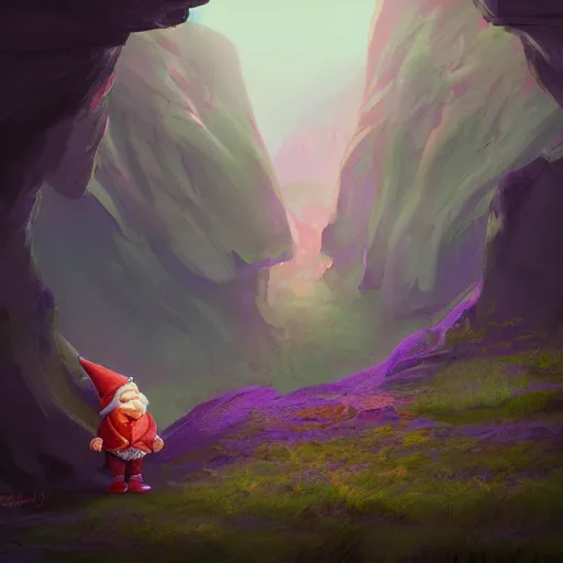 Image similar to a gnome looking for a new adventure in a colorful fantasy world, beautiful landscape, dramatic lighting, cinematic, establishing shot, extremly high detail, photorealistic, cinematic lighting, post processed, concept art, artstation, matte painting, style by greg rutkowsky