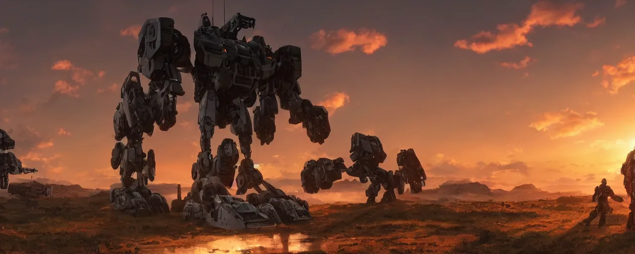 Image similar to A real photo of a giant mechwarrior robot and the sunset in the distance, by Josan Gonzalez, Yoji Shinkawa and Geof Darrow, highly detailed, Unreal Engine Render, 3D, 8k wallpaper