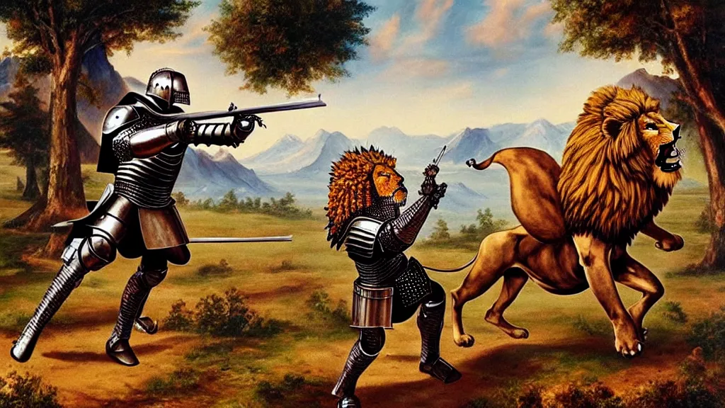 Image similar to fully armored knight wielding an automatic weapon fighting a lion in a medieval setting, painted by bob ross