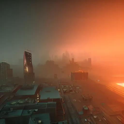 Image similar to sky shot of a blade runner 2 0 4 9 city covered with fog, highly detailed, photorealistic portrait, bright studio setting, studio lighting, crisp quality and light reflections, unreal engine 5 quality render