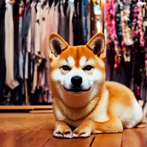 Prompt: shiba inu inside a japanese thrift store, cinematic light, warm colours, atmospheric, 8 k photography