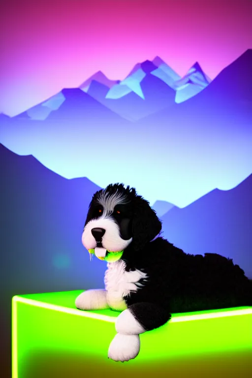 Prompt: a cute bernedoodle puppy sitting in a gaming chair + neon rgb light strips, large computer monitor, mountains in background!!!!!!!, vaporwave, dramatic, confident, rule of thirds, 4 k, award winning, octane render, volumetric lighting