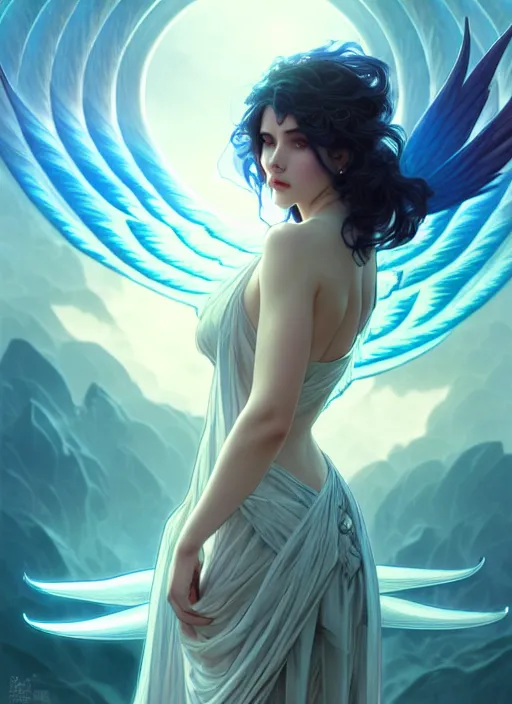 Image similar to a beautiful cinematic female archangel queen, fantasy sea landscape, fantasy magic, short aqua blue black fade hair, dark light night, intricate, elegant, sharp focus, illustration, highly detailed, digital painting, concept art, matte, art by WLOP and Artgerm and and Alphonse Mucha, masterpiece
