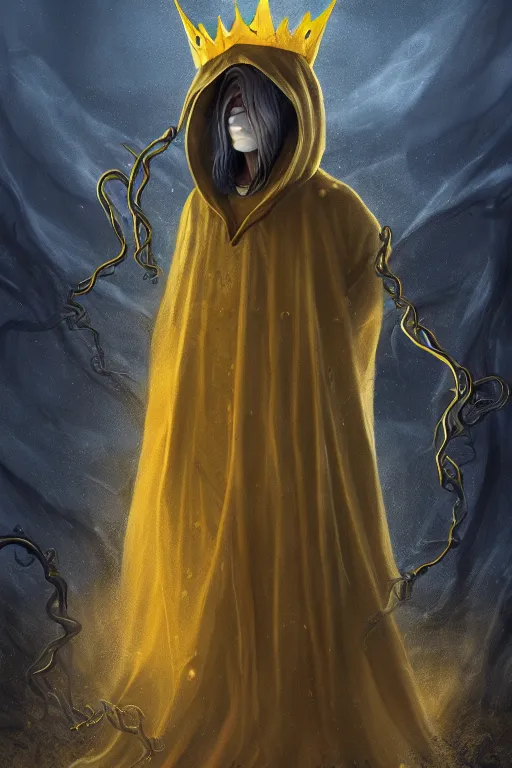 Prompt: A full body portrait of a mysterious character with no face with a very long hooded yellow cloak, a golden crown floating above his head tentacles coming out the ground art by John J. Park, and Jason Chan, ominous, cosmic horror, trending on artstation, Ultra detailed, hyper realistic 4k