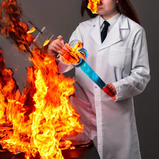 Prompt: long haired girl setting chemistry lab on fire full body image, glassware on the foreground, little fire on the background, realistic 4k photo image