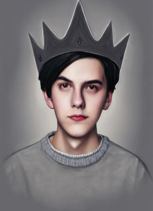 Image similar to portrait of teenage jughead jones wearing a light grey crown, photorealistic, crown, eyes closed, crown, black hair, sweater with letter s on it, letter s, intricate, elegant, glowing lights, highly detailed, digital painting, artstation, concept art, smooth, sharp focus, illustration, art by wlop, mars ravelo and greg rutkowski