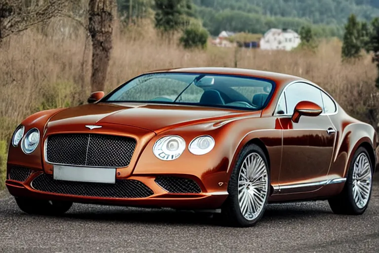 Image similar to modern rusty Bentley Continental GT without gloss drives along the road of an old Russian village with houses at the edges