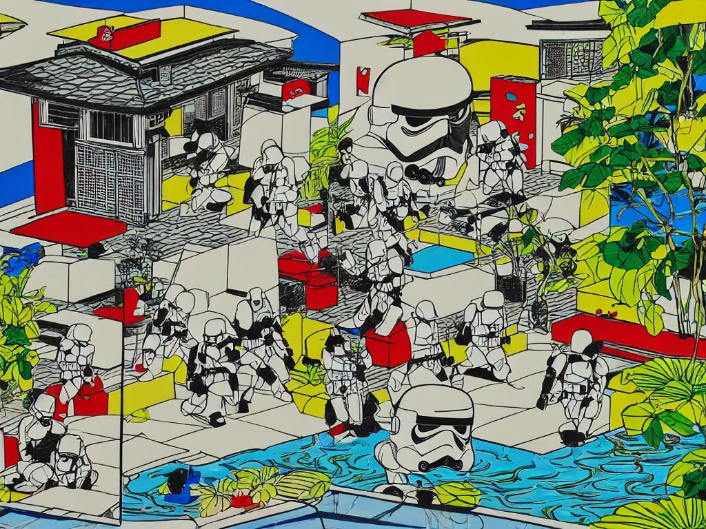 Image similar to detailed composition of the japanese home with a garden and a pond, 2 stormtroopers sitting around it, pop - art style, jacky tsai style, andy warhol style, roy lichtenstein style, rich palette, acrylic on canvas