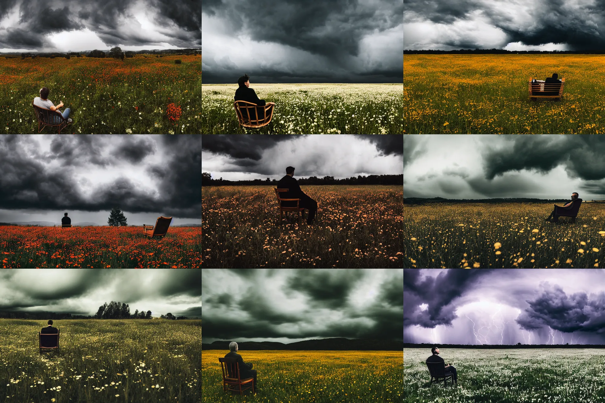 Prompt: 50mm DSLR photograph of a very moody flower meadow with moody storm clouds, ominous man sitting in a vintage chair at the center, photography, panoramic view, Hyperdetailed, photorealistic, Unsplash