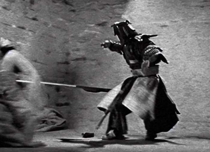 Image similar to a movie still of a samurai slicing through a loaf of bread by Akira Kurosawa