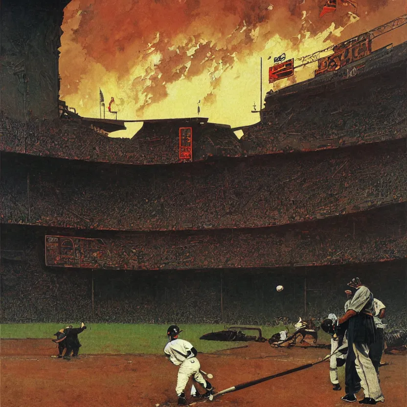 Prompt: a baseball field with an ancient monolith with glowing runes. highly detailed painting by norman rockwell and syd mead. rich colors, high contrast, gloomy atmosphere, dark background.