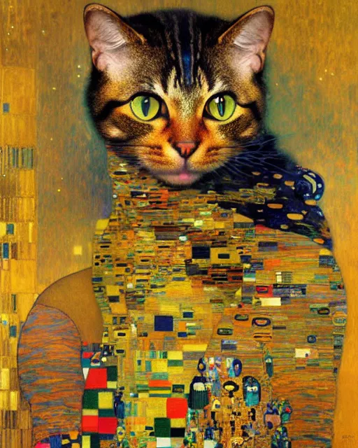 Image similar to burglar cat portrait an oil painting splashes with many colors and shapes by gustav klimt greg rutkowski and alphonse mucha, polycount, generative art, psychedelic, fractalism, glitch art