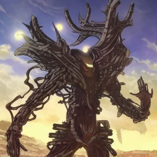 Image similar to sci - fi anime exoskeleton creature fighting the ancient tree god on a vast desert island, cinematic, high fantasy, maximalist, epic