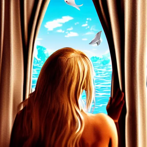 Prompt: a hyper realistic image of a very beautiful blond girl standing near a window, she is facing the camera, a Beluga is swimming in the sky