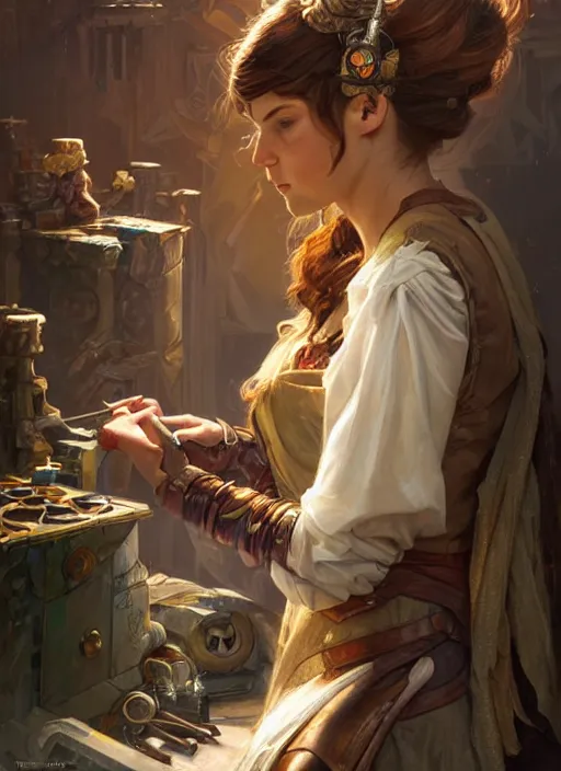 Image similar to an epic fantasy comic book style portrait painting of a young tinker girl working on a device in her workshop, d & d, fantasy, intricate, elegant, highly detailed, digital painting, artstation, concept art, matte, sharp focus, illustration, art by artgerm and greg rutkowski and alphonse mucha