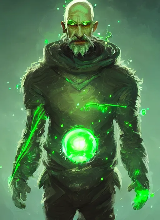 Prompt: a highly detailed illustration of bald old man smoking with green glowing eyes, dramatic standing pose, nuclear background, intricate, elegant, highly detailed, centered, digital painting, artstation, concept art, smooth, sharp focus, league of legends concept art, wlop.
