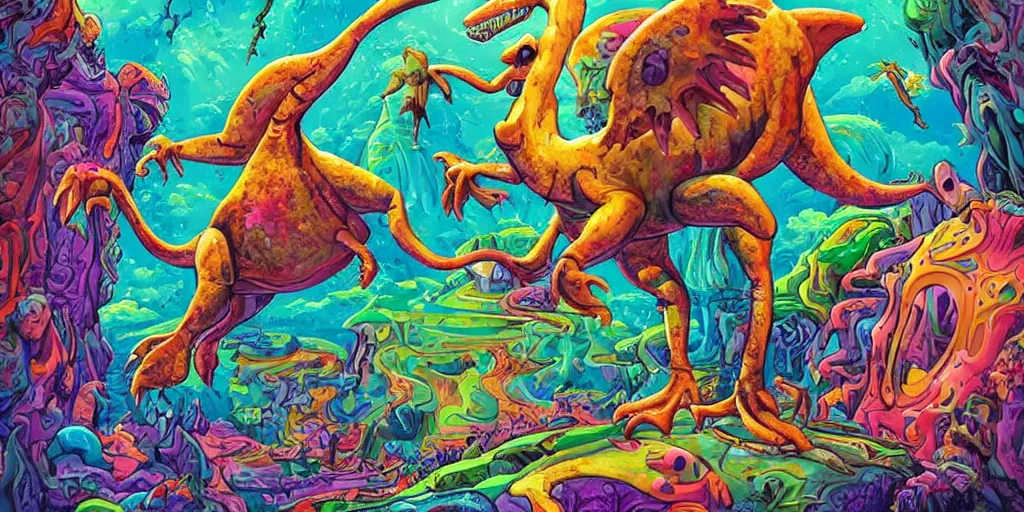 Prompt: michael garfield expectorates yet another gooey, vaguely playful confusion of backward - looking dinosaur figure and ground with entirely too much autodidactic lisa frank and not nearly enough art school, hyper - detailed posthuman scifi landscape, extraneous ufos