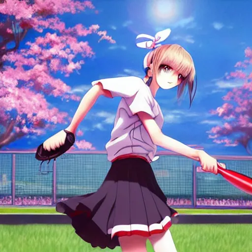 Prompt: this is the most beautiful anime girl playing baseball in the most beautiful artwork of the most beautiful girl playing baseball!, artstation!! pixiv!!, scenery art detailed, volumetric lighting, by range murata