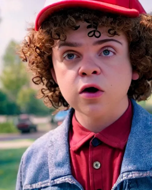 Image similar to a still of dustin henderson gaten matarazzo wearing a cap as a muppet in stranger things. highly detailed felt. hyper real photo. 4 k.