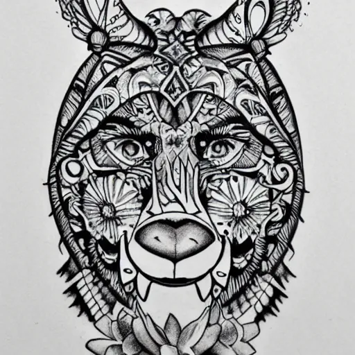 Image similar to tattoo sample stencil. pencil line drawing, black and white, bear