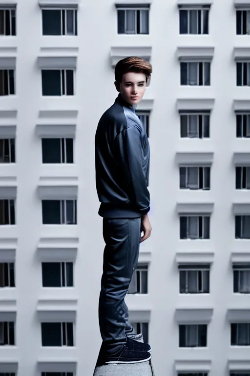 Image similar to un ultra high definition studio quality photographic art portrait of a young man standing on the rooftop of a british apartment building wearing soft padded silver pearlescent clothing. three point light. extremely detailed. golden ratio, ray tracing, volumetric light, shallow depth of field. set dressed.