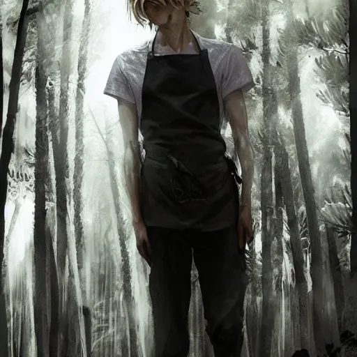 Prompt: a tall figure standing in the aspen forest, !dream portrait of a feminine boy with curly shoulder length dirty blond hair, wearing a white t shirt and black work apron, dramatic lighting, illustration by Greg rutkowski, yoji shinkawa, 4k, digital art, concept art, trending on artstation