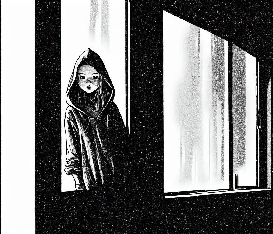 Image similar to sadie sink in hoodie sits, knees tucked in, on windowsill | rain falls at night : b & w storyboard drawing, scifi cyberpunk. by gabriel hardman, joe alves, chris bonura. cinematic atmosphere, detailed and intricate, perfect anatomy