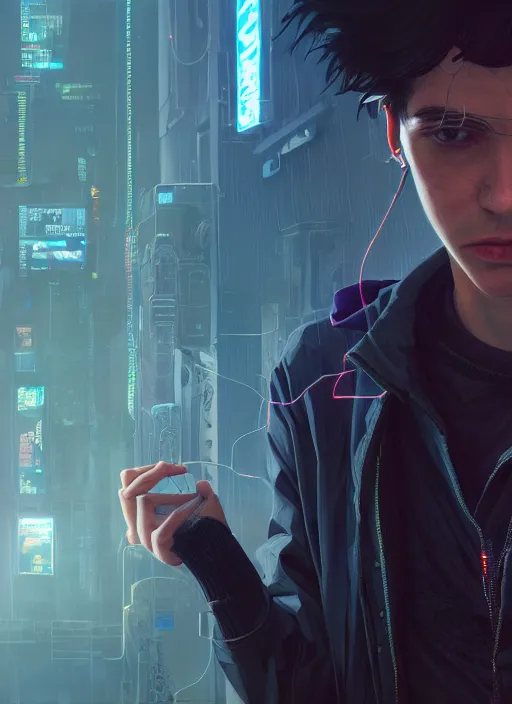 Image similar to highly detailed portrait of a cyberpunk gloomy hacker, wires connect to the head, stephen bliss, unreal engine, greg rutkowski, loish, rhads, beeple, makoto shinkai and lois van baarle, ilya kuvshinov, rossdraws, tom bagshaw, alphonse mucha, global illumination, detailed and intricate environment