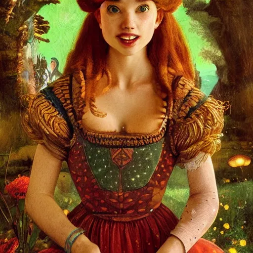 Prompt: a totally amazed smiling pretty supermario surrounded by golden firefly lights in a mesmerizing scene, fully covering intricate detailed bohemian outfit, long loose red hair, precise linework, accurate green eyes, small nose with freckles, beautiful smooth oval head, expressive emotions, hyper realistic ultrafine portrait by artemisia gentileschi, jessica rossier, greg rutkowski, artgerm