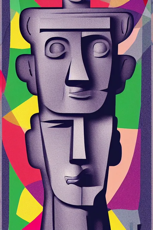 Image similar to cubist moai statue cutout digital illustration cartoon colorful beeple