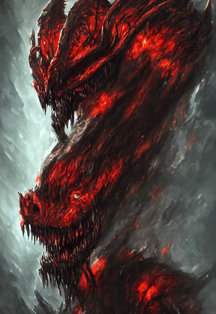 Image similar to a portrait of the predator as a gigantic version of itself as a demon in a fiery hell, eerie, dark, magical, fantasy, trending on artstation, digital art.