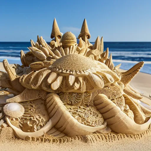 Prompt: ornate sand sculpture on the beach made of elaborate sea shells, gold accents, seaweed trees, crab claw turrets, insane detail, luxury, intricate carving, intricate lines, Zbrush, 3D scuplture, 8K -6