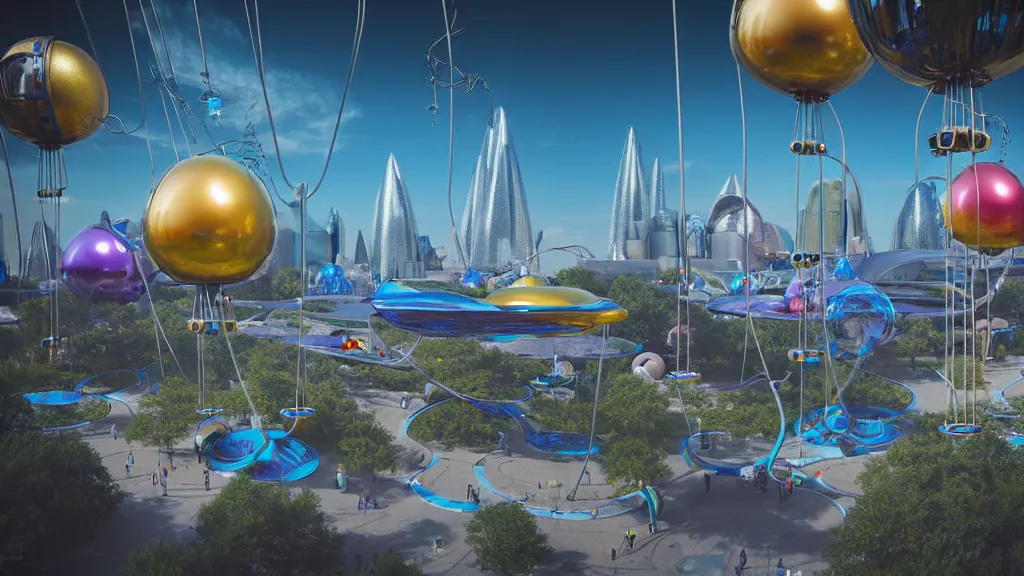 Image similar to large colorful futuristic space age metallic steampunk balloons with pipework and electrical wiring around the outside, and people on rope swings underneath, flying high over the beautiful futuristic city landscape, professional photography, 8 0 mm telephoto lens, realistic, detailed, digital art, unreal engine