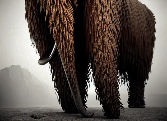 Image similar to hyperrealism, detailed textures, photorealistic, 3 d render, a surreal mystical wooly mammoth grazing, ultra realistic cinematic, intricate, cinematic light, concept art, illustration, art station, unreal engine