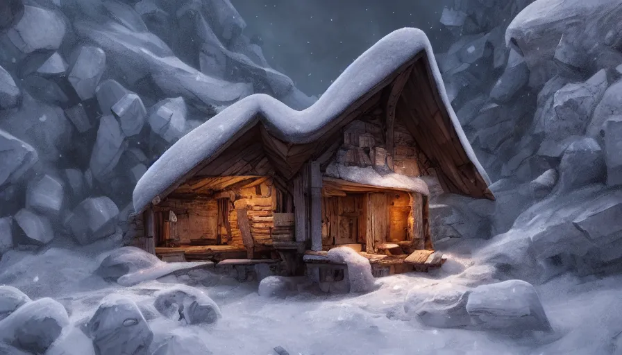 Image similar to Small wooden house built inside a snowy cave, hyperdetailed, artstation, cgsociety, 8k