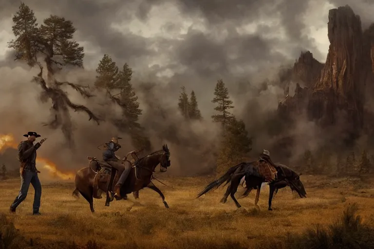 Image similar to an ultradetailed image of dean winchester as an old west gunfighter shooting at a charging wendigo, ultrawide lens, aerial photography, masterpiece, 8 k, art by greg rutkowski and albert bierstadt