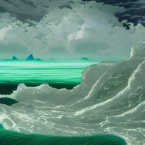 Image similar to A Huge Tidal Wave of clear green resin and foam, Kanagawa, photorealistic 8K HD octane render