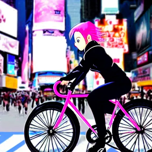 Prompt: Photo of Sakura Haruno riding a bike in the Times Square