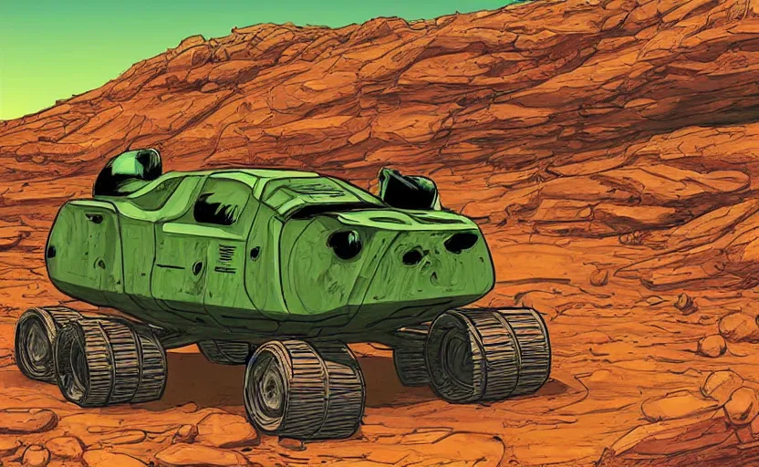 Image similar to on mars, two green alien Martians are hiding behind rocks, a white nasa rover rolls around, digital color illustration in the style of James Gurney